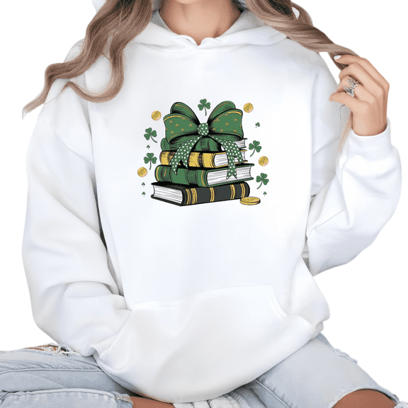 Print Hoodie Sweatshirt Graphic Sweatshirt St Patricks Day Lucky Book Stack Clover Bow Coin White Print T shirt Graphic Tees Shirts Relaxed Fit Tops S-2XL