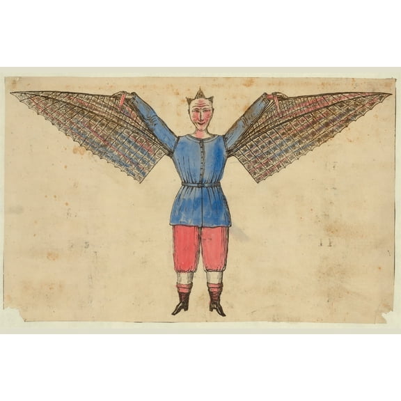 Print: Humorous Portrayal Of A Man Who Flies With Wings Attached To His