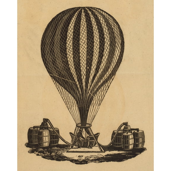 Print: Inflated Balloon With Filling Apparatus Attached To Barrels Of Gas