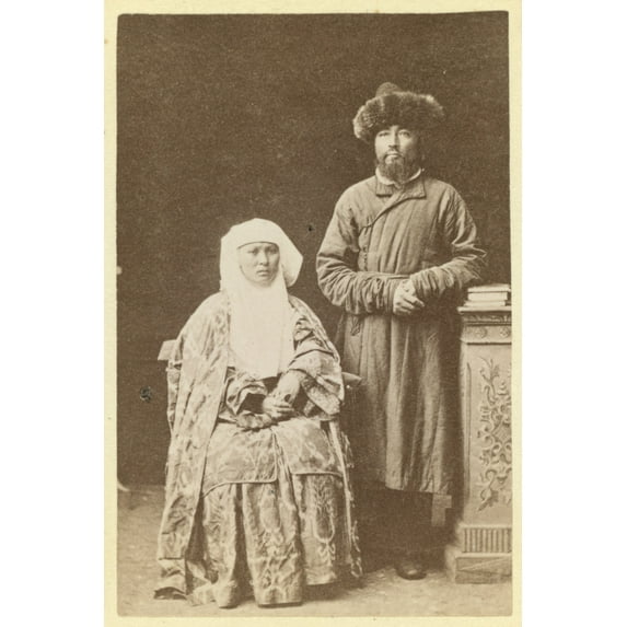 Print: Kazakh Man And Woman, Full-Length Portrait, circa 1870