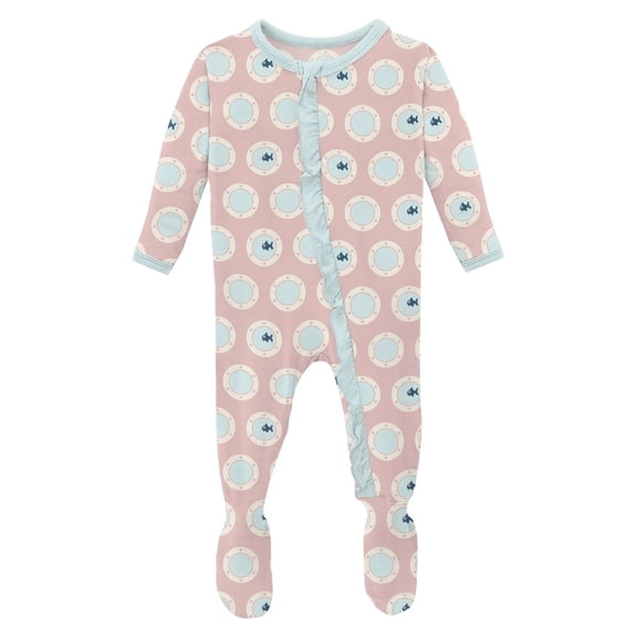 Print Layette Ruffle Footie with Zipper in Baby Rose Porthole (0-3 Months)