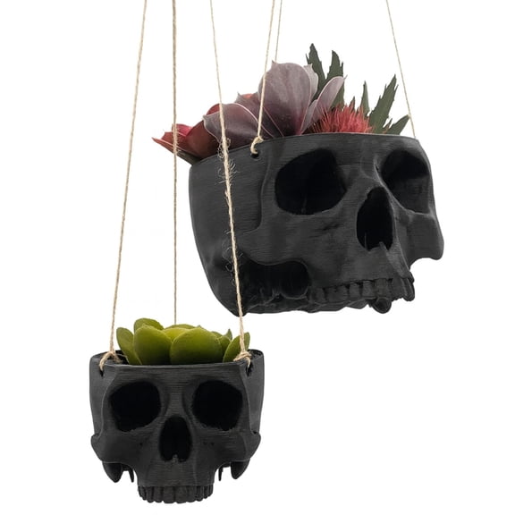 Print Level 3D Skull Plant Pot with Hanging Rope, Large, Black