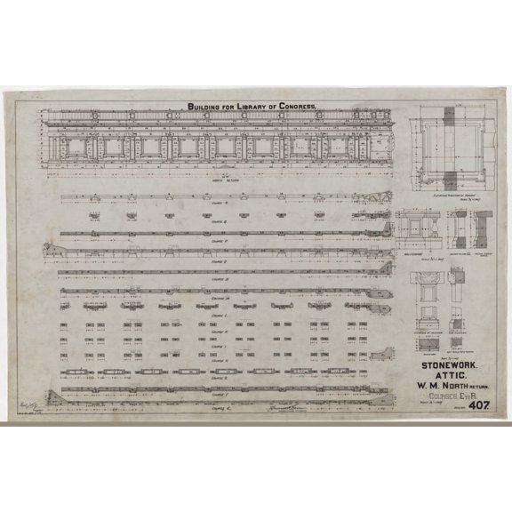 Print: Library Of Congress, Washington, D.C. Stonework. Attic. Return And