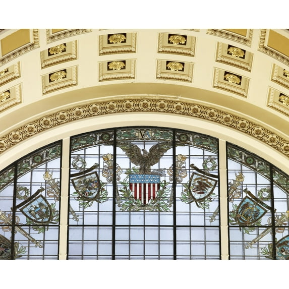 Print: Main Reading Room. Detail Of Stained Glass Window And Coffered Arch