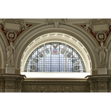 Print: Main Reading Room. Semi-Circular Stained Glass Window In Alcove By