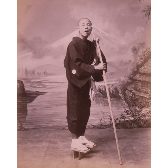 Print: Man With Staff, Wearing Geta, Studio Portrait, 1890