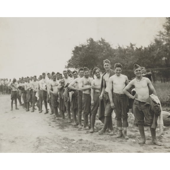 Print: Men From Front Lined Up To Turn In Their Clothing For Replacement