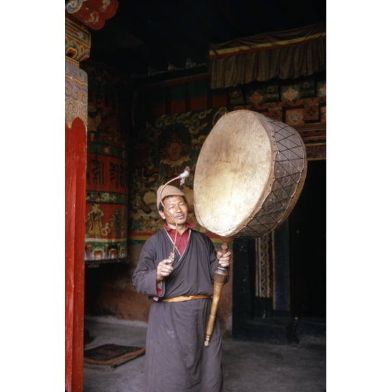Print: Monk Playing Large Drum In Monastery, Lachung?, Sikkim, 1971