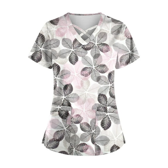 Print Nursing Uniforms for Women Breathable Printed V Neck Plus Size Scrub Tops Short Sleeve Professionals Soft Stretch T-Shirts with Pockets light pink Medium