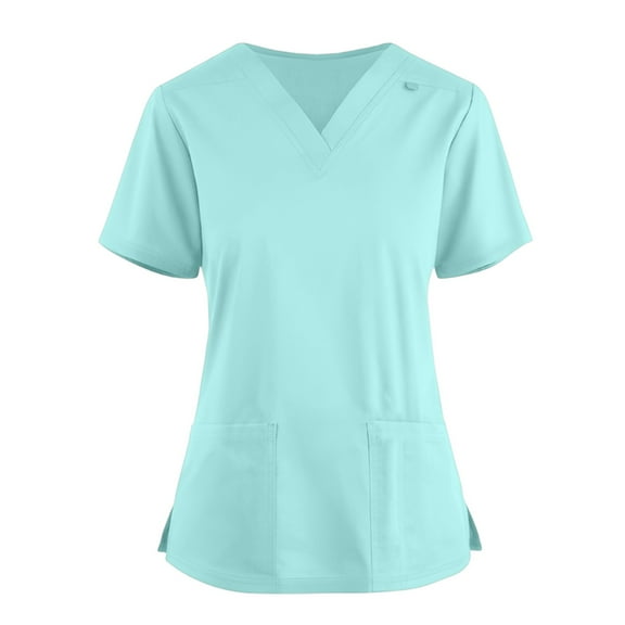 Print Nursing Uniforms for Women Solid Color V-Neck Plus Size Scrub Tops Short Sleeve Loose Fit Workwear Shirt with Pockets (Light blue)
