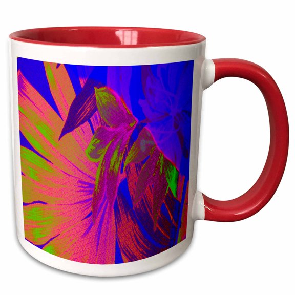 3drose, Print of Abstract Neon Tropic Plants, 11oz Two-tone Red Mug