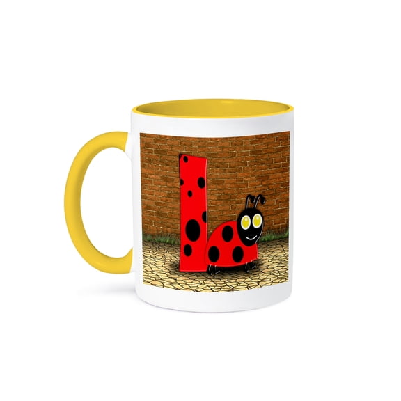 3dRose, Print of Adorable L Is For Ladybug, 15oz Two-Tone Yellow Mug