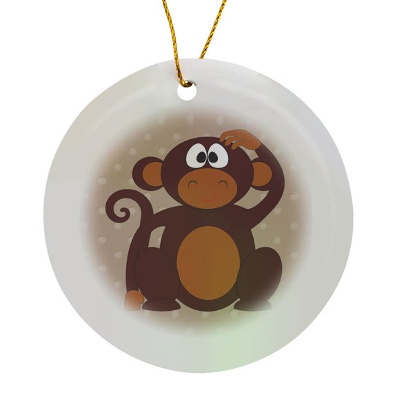 3drose, Print of Adorable Monkey on Tan Dots, Circle Porcelain Ornament