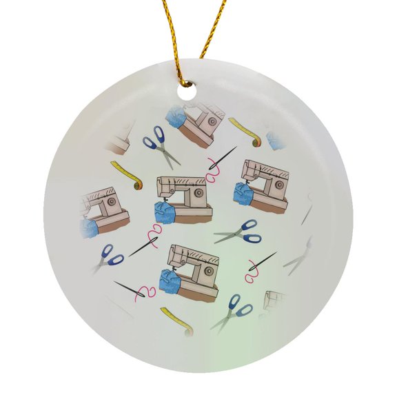 Print Of Adorable Sewing Repeat Pattern, Circle Porcelain Ornament