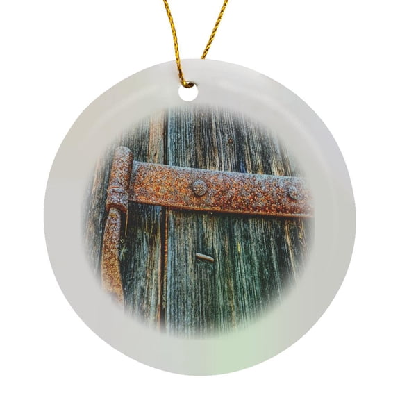 3drose, Print of Ancient Wood Door with Rusty Metal, Circle Porcelain Ornament