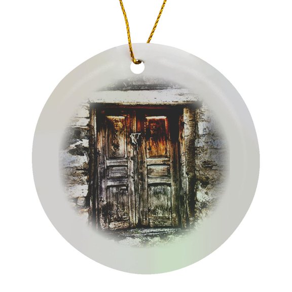 3drose, Print of Ancient Wooden Double Door Entry, Circle Porcelain Ornament