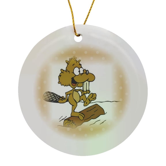 3drose, Print of Beaver on Log on Beige Dots, Circle Porcelain Ornament