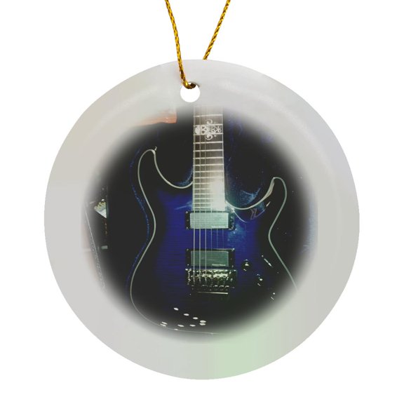 3drose, Print of Blue Electric Guitar with Chrome Skull, Circle Porcelain Ornament