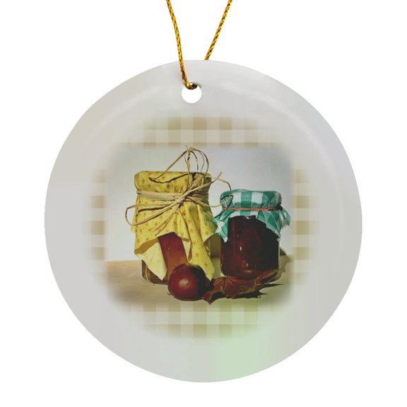 3drose, Print of Country Mason Jam Jars on Yellow Checks, Circle Porcelain Ornament
