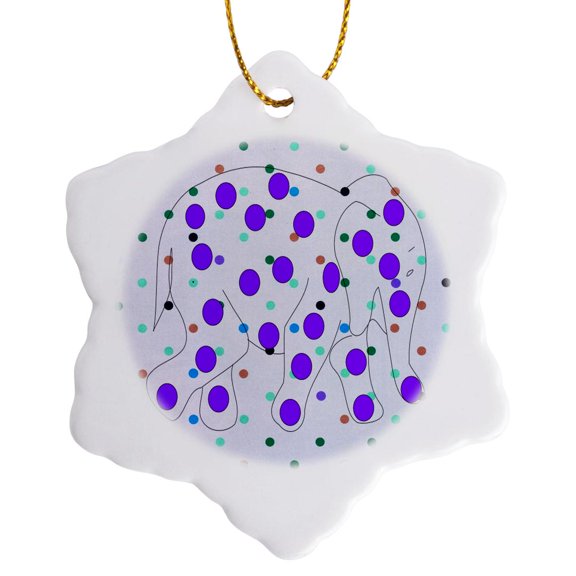 3drose, Print of Cute Purple Polka Dot Elephant on Multicolor Dots, 3 inch Snowflake Porcelain Ornament