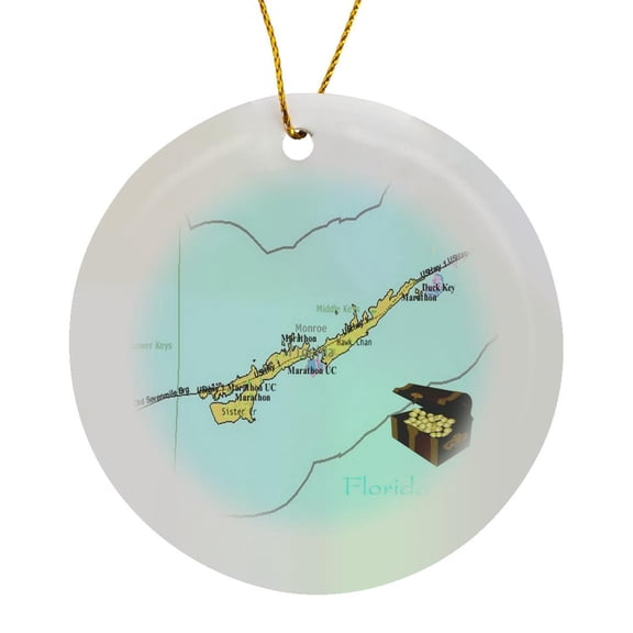 3drose, Print of Florida Keys Map with Treasure Chest, Circle Porcelain Ornament