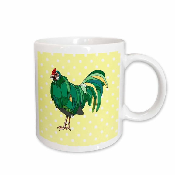 3drose, Print of Green Rooster on Yellow Dots, 11oz Mug