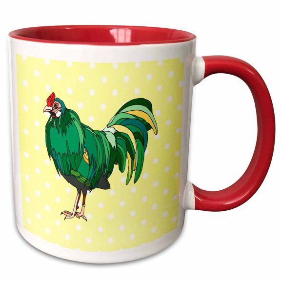 3drose, Print of Green Rooster on Yellow Dots, 11oz Two-tone Red Mug