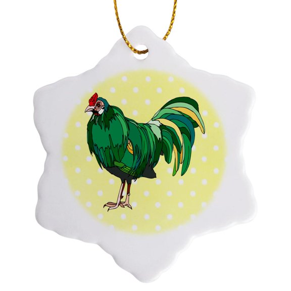 3drose, Print of Green Rooster on Yellow Dots, 3 inch Snowflake Porcelain Ornament