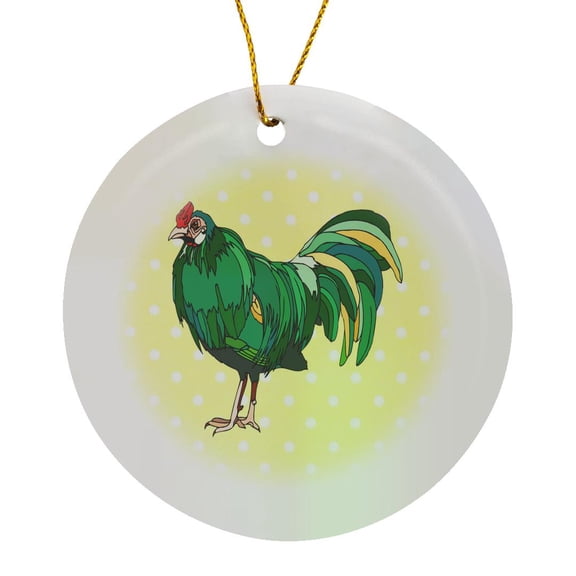 3drose, Print of Green Rooster on Yellow Dots, Circle Porcelain Ornament