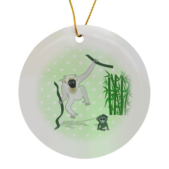 3drose, Print of Mother and Baby Monkey with Bamboo Cartoon, Circle Porcelain Ornament