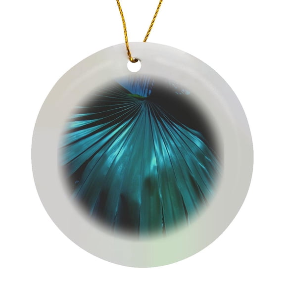 3drose, Print of Palm Fan at Night in Teal, Circle Porcelain Ornament