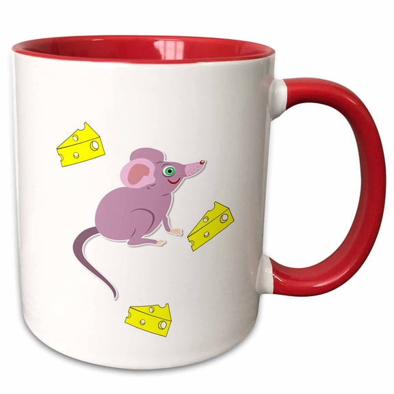 3drose, Print of Pink Mouse with Yellow Cheese, 15oz Two-tone Red Mug