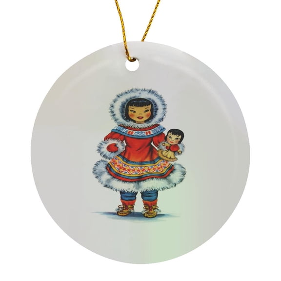 3drose, Print of Retro Eskimo Doll in Color, Circle Porcelain Ornament