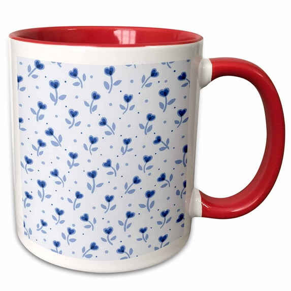 3drose, Print of Tiny Blue Shabby Chic Heart Flowers, 11oz Two-tone Red Mug