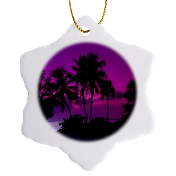 3drose, Print of Trendy Red Violet Sky with Palms in Silhouette, 3 inch Snowflake Porcelain Ornament