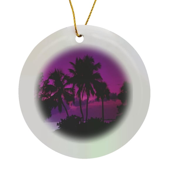 3drose, Print of Trendy Red Violet Sky with Palms in Silhouette, Circle Porcelain Ornament