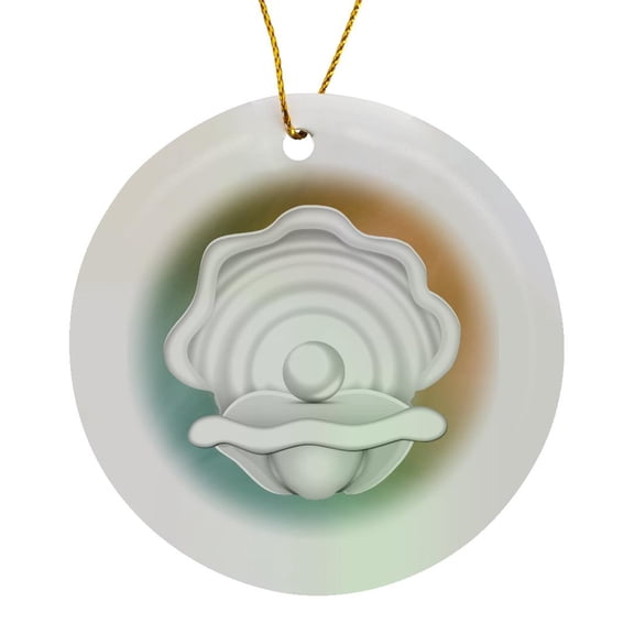3drose, Print of Trendy White Oyster Shell on Aqua and Amber, Circle Porcelain Ornament