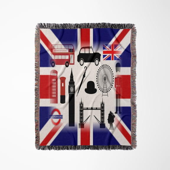 Print Of Uk Flag With British Symbols, Woven Blanket