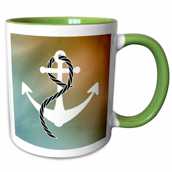3drose, Print of White Anchor with Rope on Aqua and Amber, 11oz Two-tone Green Mug