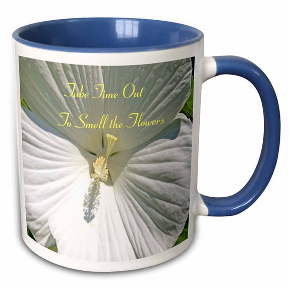 3drose, Print of White Hibiscus Closeup with Inspirational Message, 11oz Two-tone Blue Mug