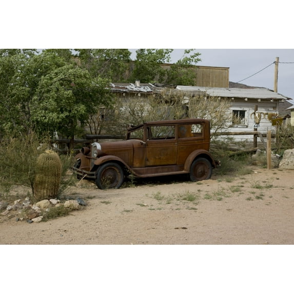 Print: Old Car And Cactus, Hackberry General Store, Route 66, Hackberry