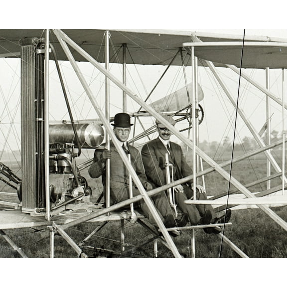 Print: Orville Seated In Wright Airplane With Albert B. Lambert Before