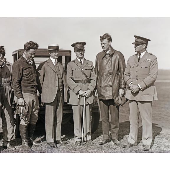 Print: Orville Wright, Major John F. Curry, And Colonel Charles Lindbergh