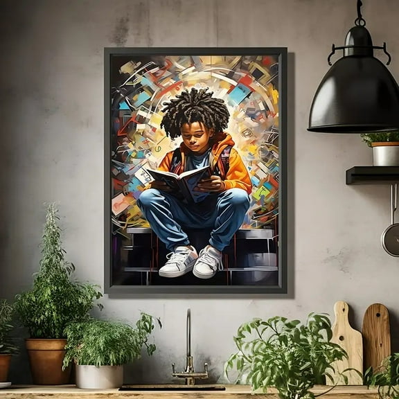 Print Painting, 2D African American Boy Reading Interesting Creative Canvas Painting Wall Decoration, Home Bedroom Kitchen Living Room Bathroom,  Art Canvas Wall Art Poster