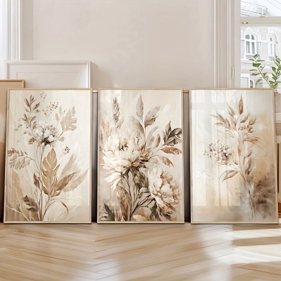 Print Painting, 3pcs Beige Floral Wall Art Botanical Oil Painting Print for Apartment Living Room Decor Floral Canvas Poster Botanical Wall Prints Home Gifts, Perfect for Room Decor