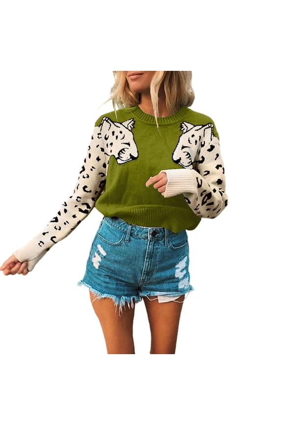 Print Patchwork Pullover Sweater for Women Fashion Casual Long Sleeve Crew Neck Soft Comfortable Knitwear Top Army Green L