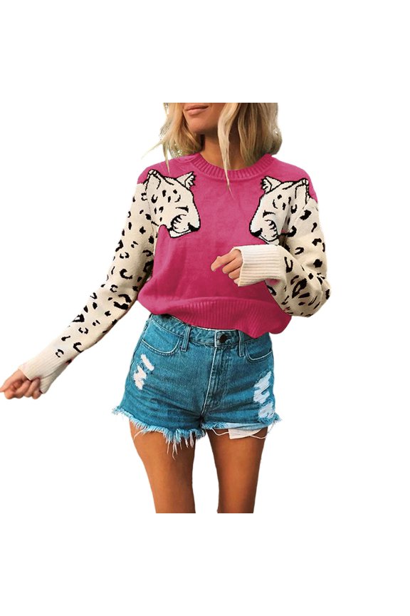 Print Patchwork Pullover Sweater for Women Fashion Casual Long Sleeve Crew Neck Soft Comfortable Knitwear Top Red M