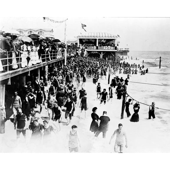 Print: People On Beach And Boardwalk At Asbury Park, New Jersey, circa 1908