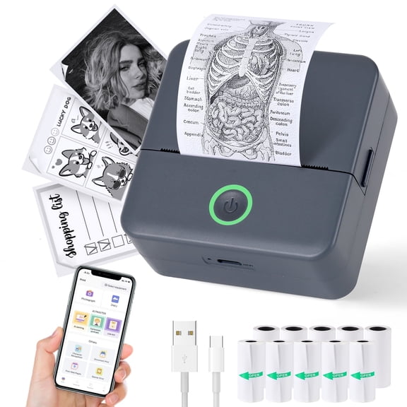 Print Pods Mini Portable Printer, Thermal Inkless Sticker Maker with 10 Paper Rolls, for Phone Notes, DIY Crafts, Compatible with iOS & Android