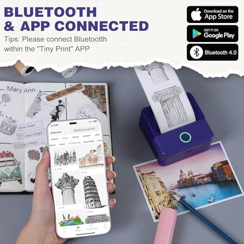 Print Pods Mini Printer, Thermal Inkless Sticker Maker with 10 Rolls Printing Paper, Pocket Printpod for Phone, Impresora Portátil for Notes, DIY, Compatible with iOS & Android (Purple)